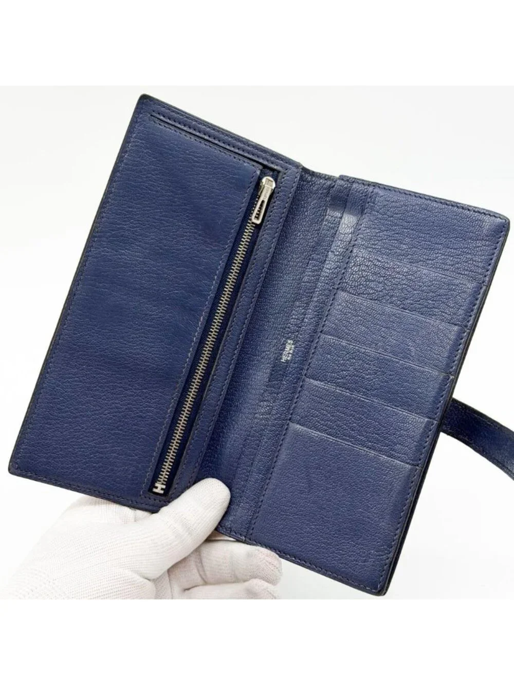 Hermes Bearn Soufflet Chevre Navy Wallet Silver Bifold